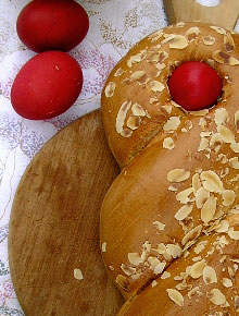 Tsoureki Easter Bread with Dyed Easter Eggs