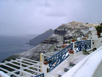 snow in santorini